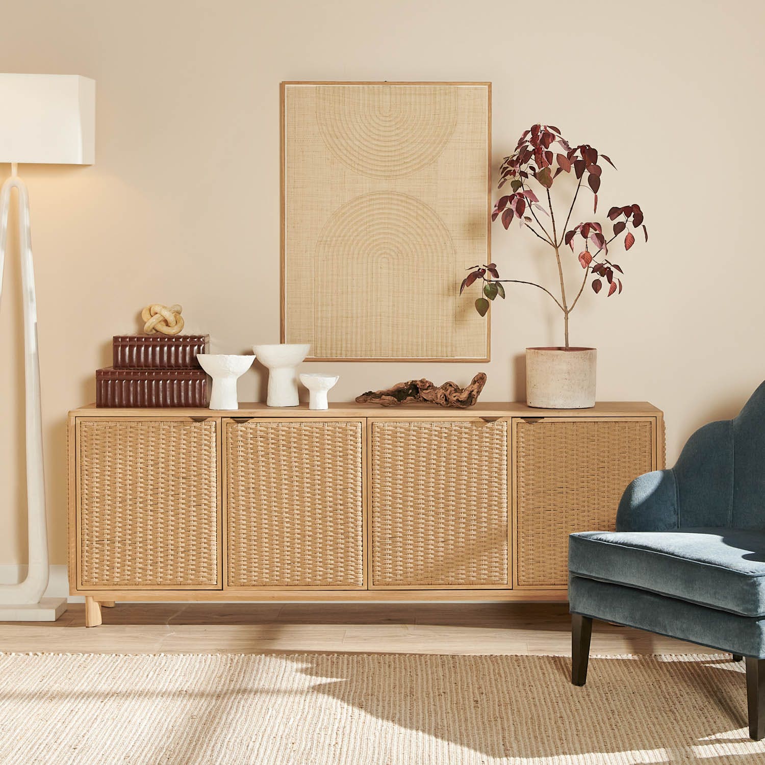 Collected decorative objects, art, and finishing accents styled together